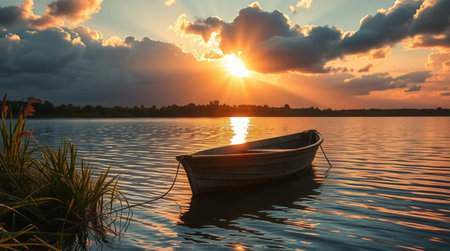 Fishing boat on the lake at sunset. Beautiful summer landscape.の写真素材