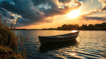 Fishing boat on the lake at sunset. Beautiful summer landscape.の写真素材