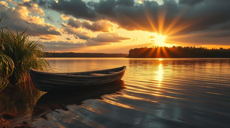 Sunset over a lake with a boat on the water. Landscape.