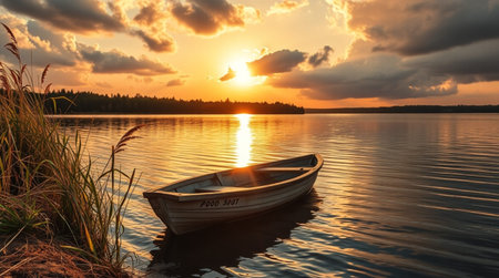 Boat on the lake at sunset. Beautiful summer landscape with a boat on the lake.の写真素材