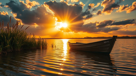 Boat on the lake at sunset. Beautiful summer landscape. Nature composition.の写真素材