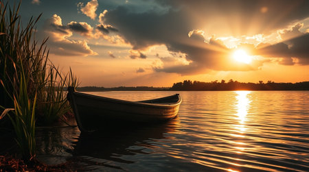 Sunset on the lake with boat and grass. Beautiful summer landscape.の写真素材