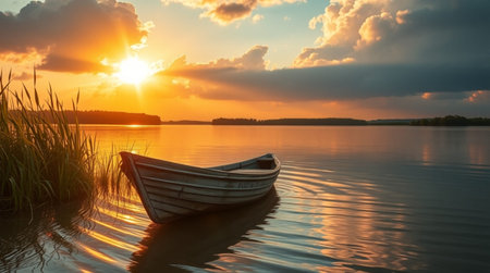 Fishing boat on the lake at sunset. Beautiful summer landscape.の写真素材