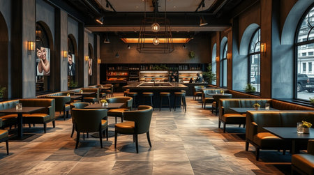 Interior of a restaurant with tables and chairs. 3d renderingの写真素材