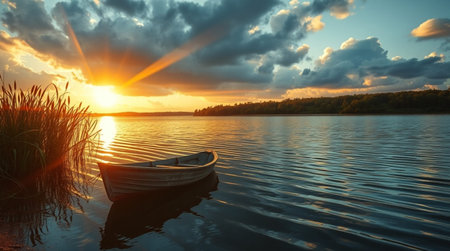 Fishing boat on a lake at sunset. Beautiful summer landscape.の写真素材