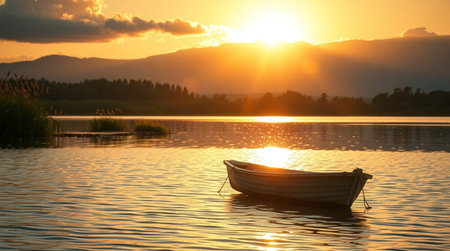 Fishing boat on the lake at sunrise. Beautiful summer landscape.