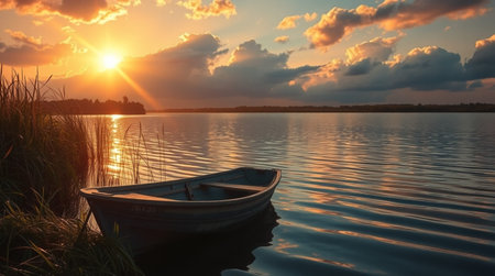 Sunset over the lake with a boat and grass on the shoreの写真素材