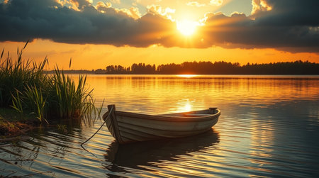 Fishing boat on the lake at sunset. Beautiful summer landscape.の写真素材