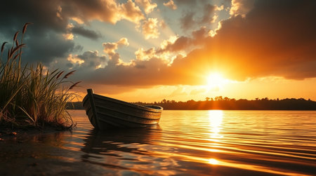 Fishing boat on the lake at sunset with beautiful sky background.の写真素材