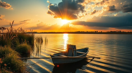 Fishing boat on the lake at sunset. Beautiful natural landscape.の写真素材