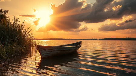 Fishing boat on the lake at sunset. Beautiful nature background.の写真素材