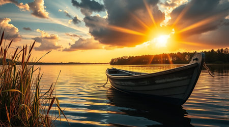 Fishing boat on the lake at sunset. Beautiful summer landscape.の写真素材
