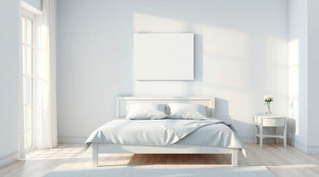 Modern bedroom interior with white walls, wooden floor, comfortable king size bed and vertical mock up poster frame. 3d renderingの写真素材