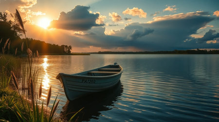 Boat on the lake at sunset. Beautiful summer landscape in Poland