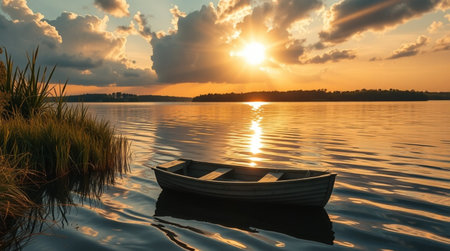 Fishing boat on the lake at sunset. Beautiful summer landscape.