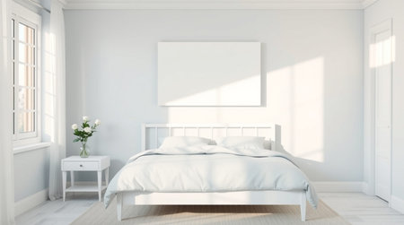 3d rendering of white bedroom interior with blank poster on the wallの写真素材