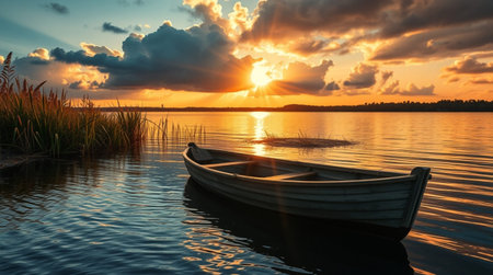 Fishing boat on the lake at sunset. Beautiful summer landscape.の写真素材