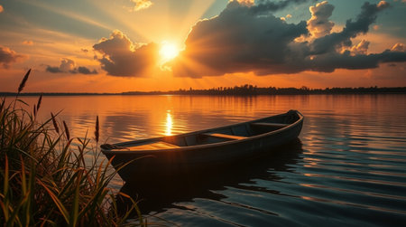 Fishing boat on the lake at sunset. Beautiful summer landscape.の写真素材