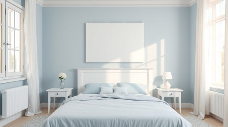 Blue bedroom interior with blank poster. 3d render illustration mock upの写真素材