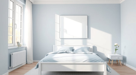 Bedroom interior with white walls, a wooden floor and a large window. 3d rendering mock up