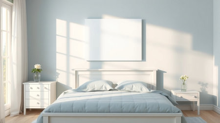 Modern bedroom interior with empty poster on the wall, 3d renderの写真素材