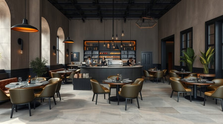 3D rendering of a modern cafe interior design with a wooden floorの写真素材