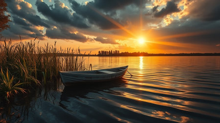 Sunset on the lake with a boat in the foreground, Polandの写真素材