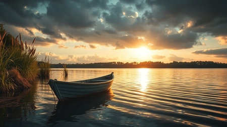 Fishing boat on the lake at sunset. Beautiful summer landscape.の写真素材