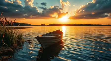 Boat on the lake at sunset. Beautiful landscape with a boat.の写真素材