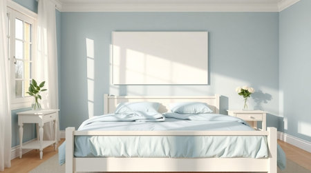3D rendering of a bedroom with white bed and blank poster on wallの写真素材