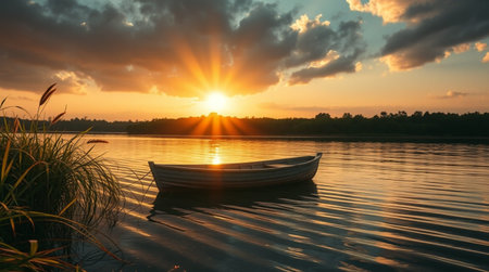 Sunset on the lake with a boat in the foreground and grassの写真素材