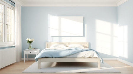 3d rendering of a bedroom with blue walls, wooden floor and white bedside table.の写真素材