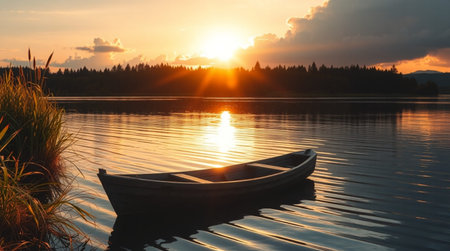 A boat on the lake at sunset. The setting sun is reflected in the water.の写真素材