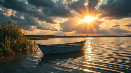 Fishing boat on the lake at sunset. Beautiful nature landscape.の写真素材