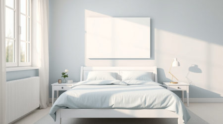 3d rendering of a bedroom interior with a bed and a posterの写真素材