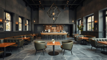 3D rendering of a luxury restaurant with brick walls and tiled floorの写真素材