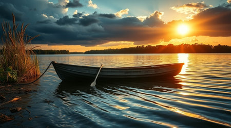 Fishing boat on the lake at sunset. 3d rendering.の写真素材