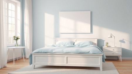 3d rendering of a bedroom interior with a bed and a blank posterの写真素材