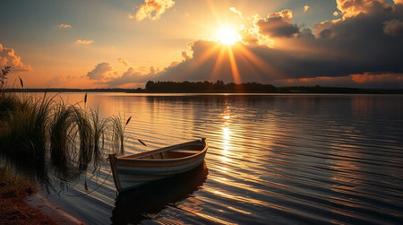 Fishing boat on the lake at sunset. Beautiful summer landscape.の写真素材