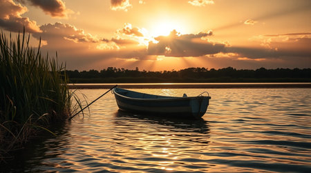 Fishing boat on the lake at sunset. Beautiful summer landscape.の写真素材