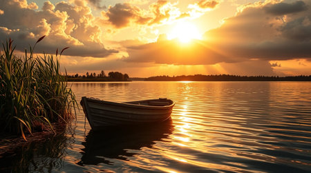 Fishing boat on the lake at sunset. Beautiful summer landscape.の写真素材