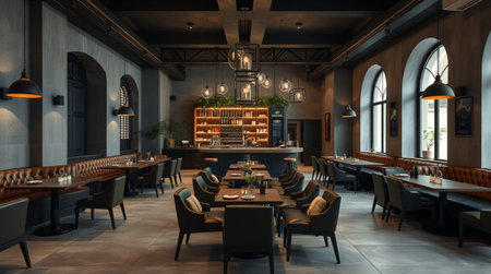 3D rendering of a luxury restaurant and bar interior in a loft styleの写真素材