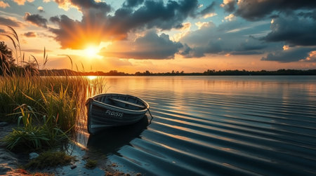 Boat on the lake at sunset. Beautiful summer landscape.の写真素材