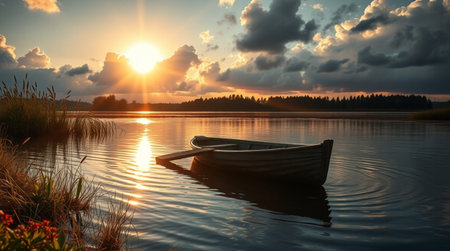 Fishing boat on the lake at sunset. Beautiful summer landscape.の写真素材