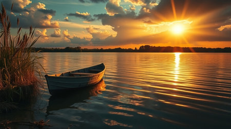Boat on the lake at sunset. Beautiful summer landscape. Nature composition.の写真素材