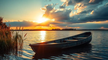 Sunset on the lake with a boat in the foreground. Beautiful summer landscape.の写真素材