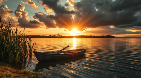 Boat on the lake at sunset. Beautiful summer landscape. Dramatic sky.の写真素材