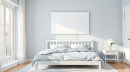 Modern bedroom with white walls, wooden floor and white bed with white linen. 3d rendering mock up