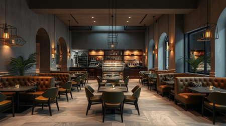 3d rendering of a luxury restaurant with nice interior design and lightingの写真素材