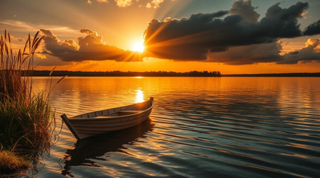 Boat on the lake at sunset. Beautiful summer landscape with a boat on the lake.
